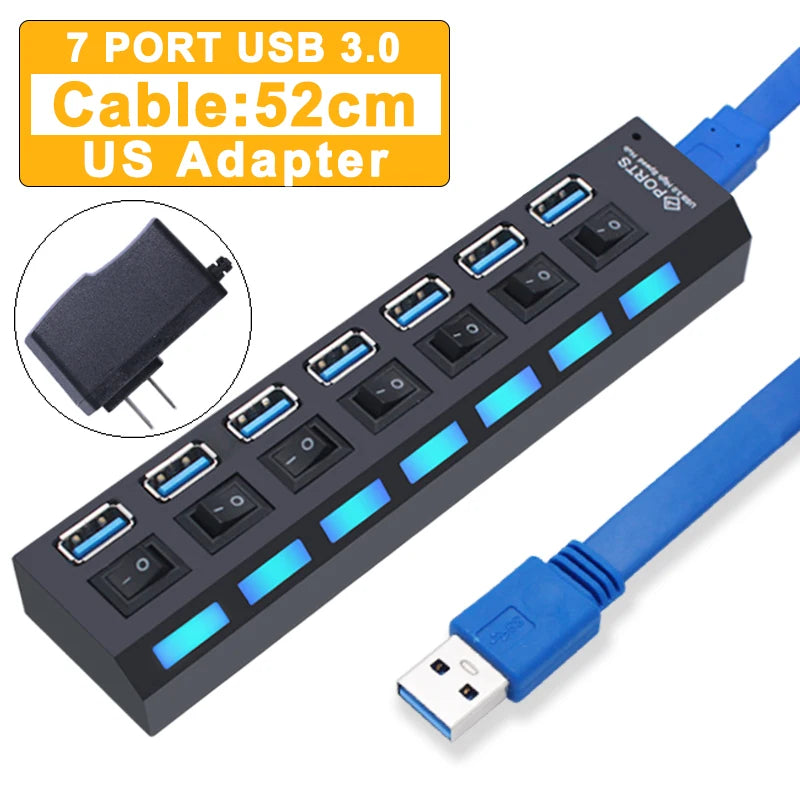 USB 3.0 Hub - 7 Port USB Hub with Switch | High Speed Multi Port USB Splitter Adapter - ZOOMNSTORE