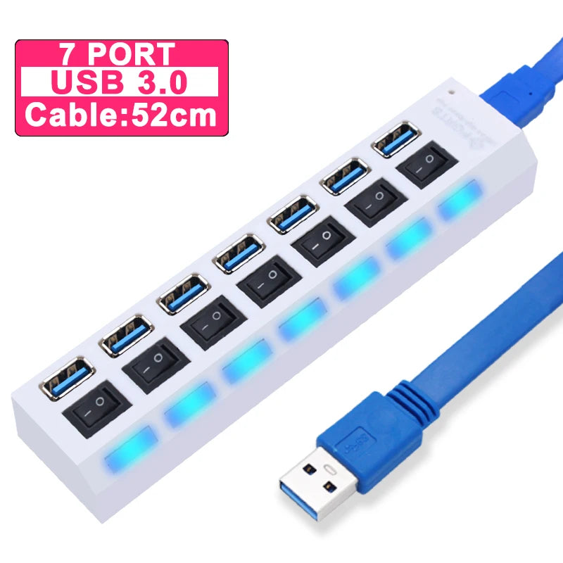 USB 3.0 Hub - 7 Port USB Hub with Switch | High Speed Multi Port USB Splitter Adapter - ZOOMNSTORE