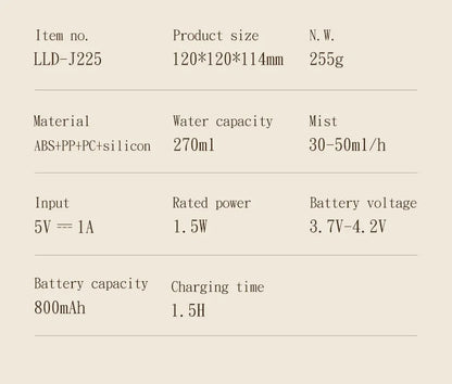 270ML USB Rechargeable Air Humidifier with LED Light - Home Hydration Mist Maker - ZOOMNSTORE