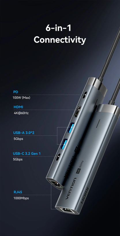 USB C Hub Adapter 6 in 1 Multiport Docking Station – 4K 60Hz HDMI, RJ45 Gigabit Ethernet, PD 100W Charging - ZOOMNSTORE