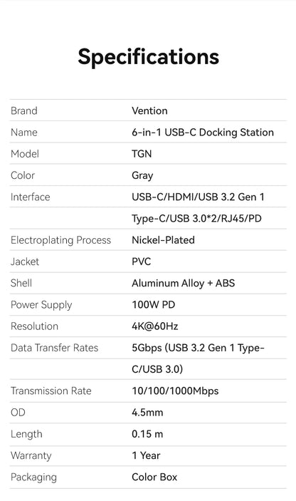 USB C Hub Adapter 6 in 1 Multiport Docking Station – 4K 60Hz HDMI, RJ45 Gigabit Ethernet, PD 100W Charging - ZOOMNSTORE