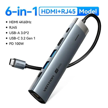 USB C Hub Adapter 6 in 1 Multiport Docking Station – 4K 60Hz HDMI, RJ45 Gigabit Ethernet, PD 100W Charging - ZOOMNSTORE