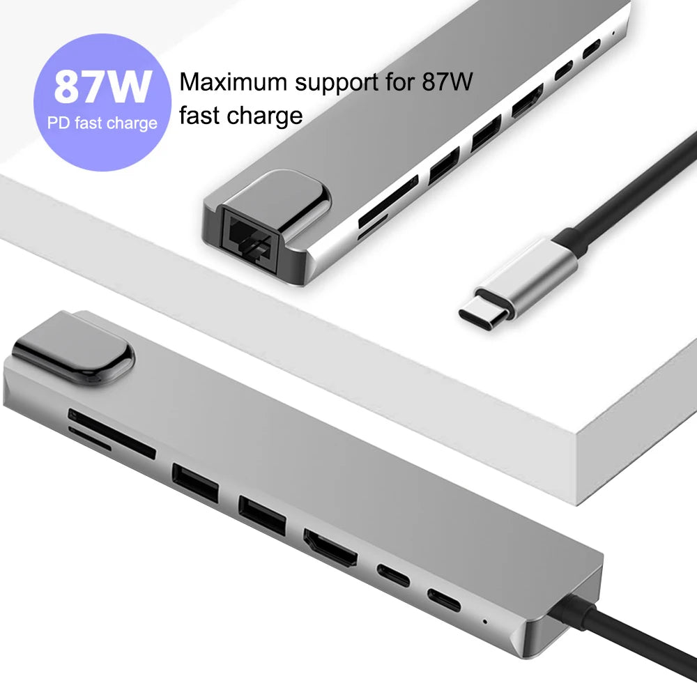USB C Hub Adapter – 8-in-1 Aluminum Alloy Multiport Docking Station for MacBook Pro with 4K HDMI, Thunderbolt 3, RJ45 Ethernet & SD TF Card Reader - ZOOMNSTORE