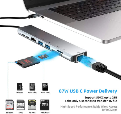 USB C Hub Adapter – 8-in-1 Aluminum Alloy Multiport Docking Station for MacBook Pro with 4K HDMI, Thunderbolt 3, RJ45 Ethernet & SD TF Card Reader - ZOOMNSTORE