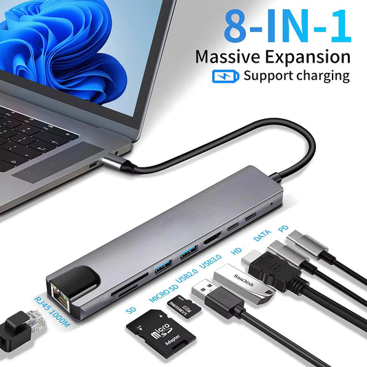 USB C Hub Adapter - 8 in 1 Type C Hub with 4K HDMI, RJ45 Ethernet Port & SD TF Card Reader - ZOOMNSTORE