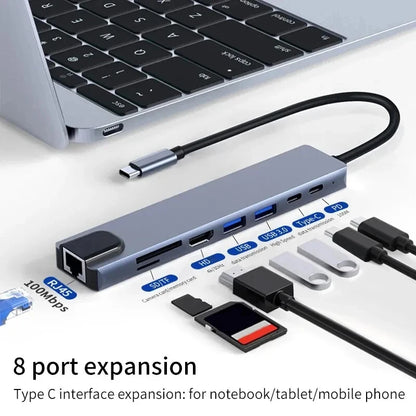 USB C Hub Adapter - 8 in 1 Type C Hub with 4K HDMI, RJ45 Ethernet Port & SD TF Card Reader - ZOOMNSTORE