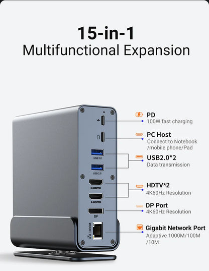 USB C Hub Docking Station – 15 in 1 Multi Port Adapter with HDMI, RJ45 & Card Reader - ZOOMNSTORE