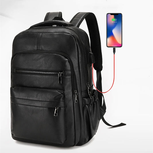 USB Charging PU Leather Backpack - Large Laptop Bag for Men and Teenagers - ZOOMNSTORE