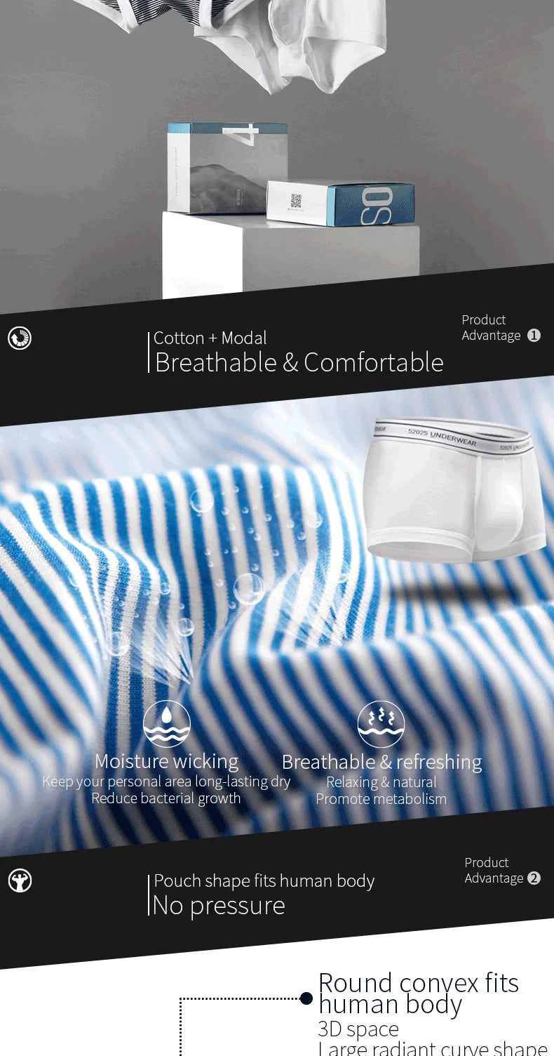 52025 Men's Cotton Modal Boxers (3-Pack) – Silky-Soft Fabric, Anatomical Contoured Pouch and Comfortable Everyday Fit