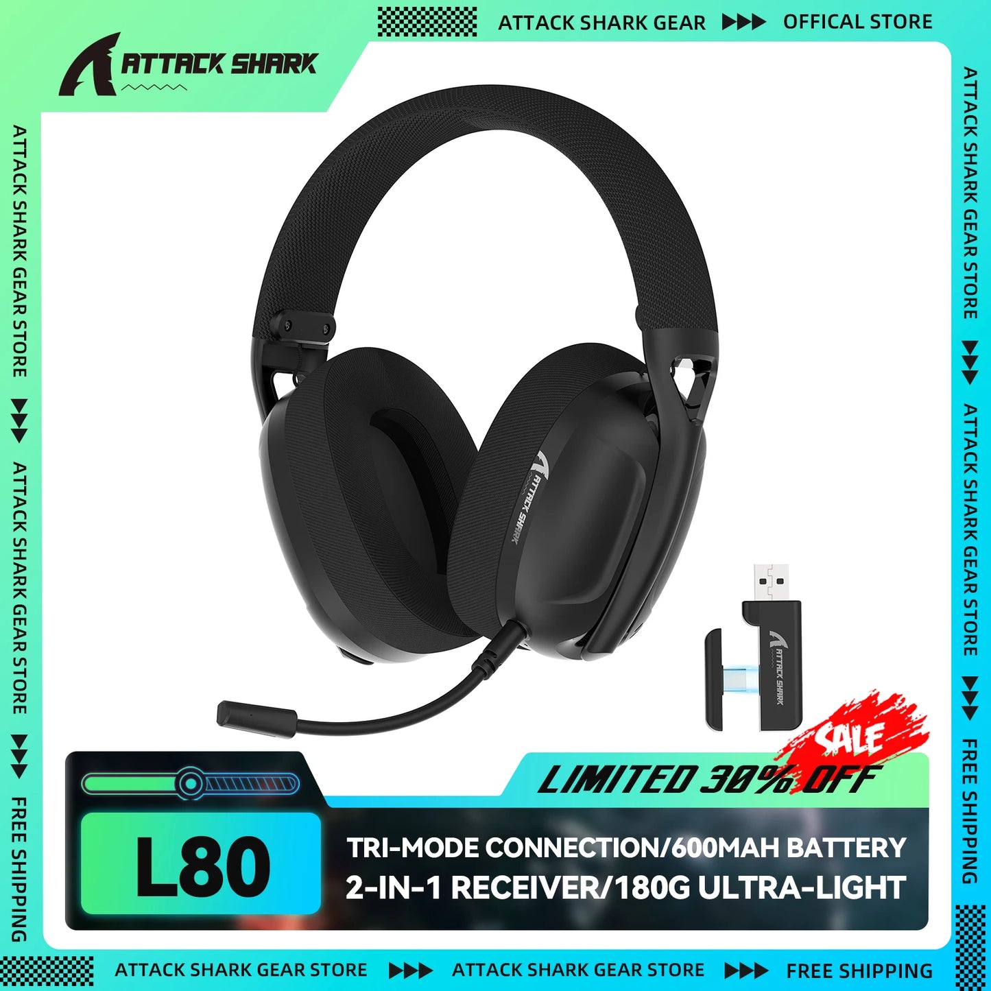 Ultra-Light Gaming Headset - ATTACK SHARK L80 WiredBluetooth24G 51 Channel Sound - ZOOMNSTORE