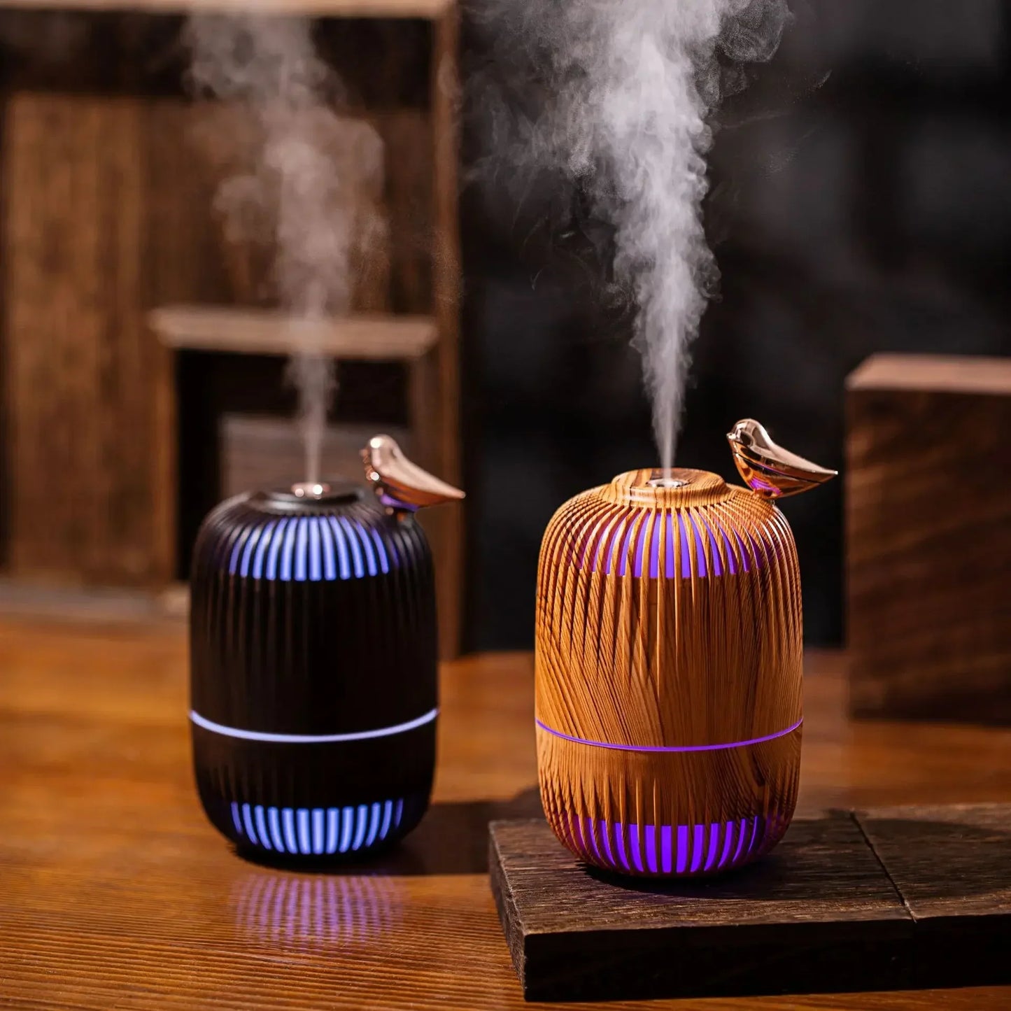 Ultrasonic Humidifier Mini Wood Grain | Portable USB Air Moisturizer With Warm Light - ZOOMNSTORE