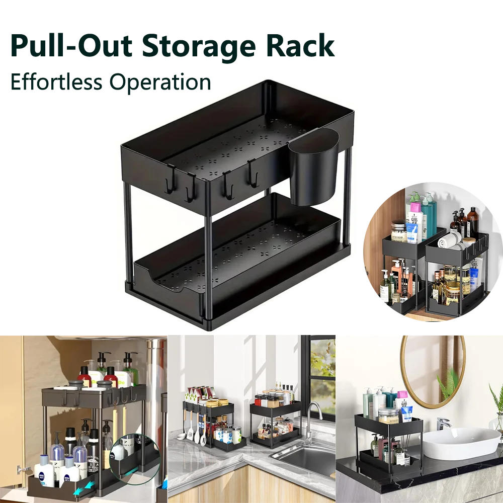 Under-Sink Pull-Out Organizer - Slim Slide-Out Shelf for Kitchen Cabinets - ZOOMNSTORE
