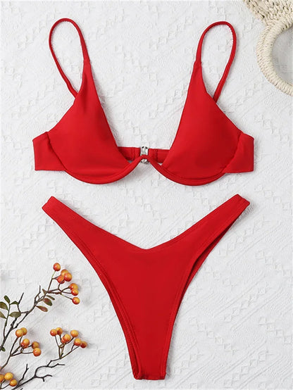 Sexy Red Underwire Bikini - Push Up Bra Thong Swimsuit with V Neck Design - ZOOMNSTORE