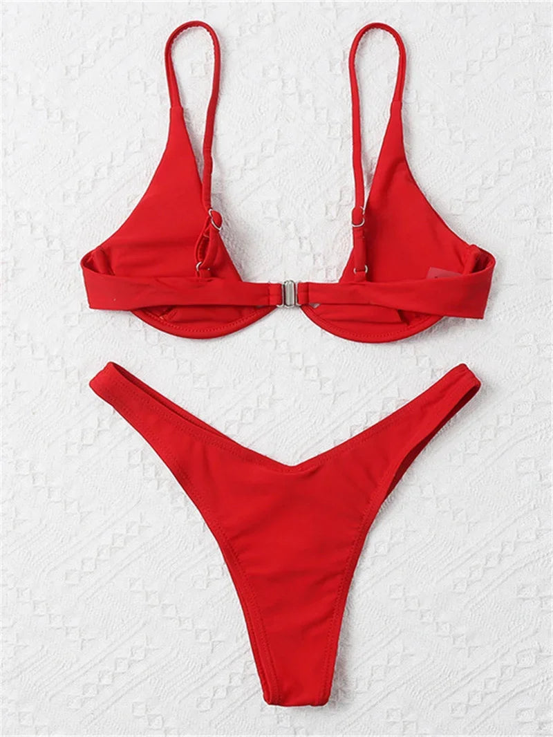 Sexy Red Underwire Bikini - Push Up Bra Thong Swimsuit with V Neck Design - ZOOMNSTORE