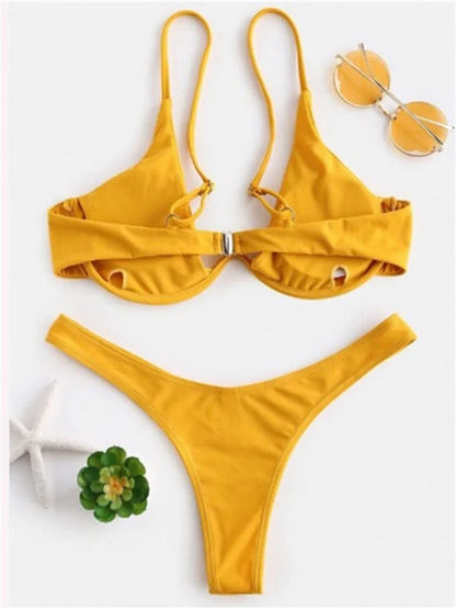 Sexy Red Underwire Bikini - Push Up Bra Thong Swimsuit with V Neck Design - ZOOMNSTORE