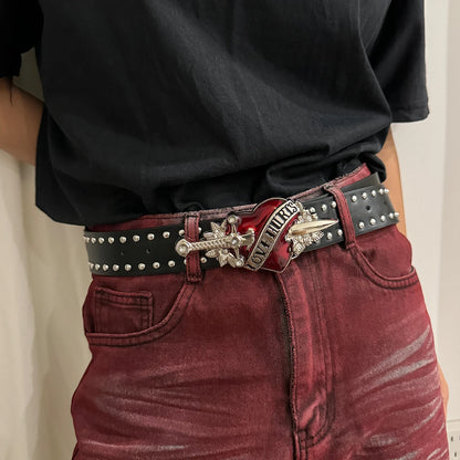 Unisex Goth Jeans Belt - Y2K Fashion Red Heart Rivet Punk Accessory - ZOOMNSTORE