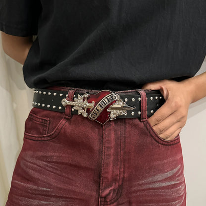 Unisex Goth Jeans Belt - Y2K Fashion Red Heart Rivet Punk Accessory - ZOOMNSTORE