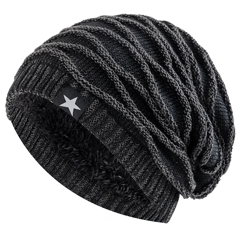 Unisex Winter Beanie – Slouchy Fur Lined Knit Cap with Five-Pointed Star Design - ZOOMNSTORE