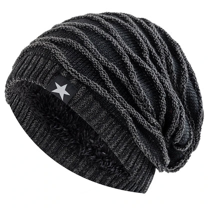Unisex Winter Beanie – Slouchy Fur Lined Knit Cap with Five-Pointed Star Design - ZOOMNSTORE