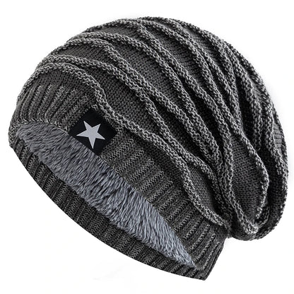 Unisex Winter Beanie – Slouchy Fur Lined Knit Cap with Five-Pointed Star Design - ZOOMNSTORE
