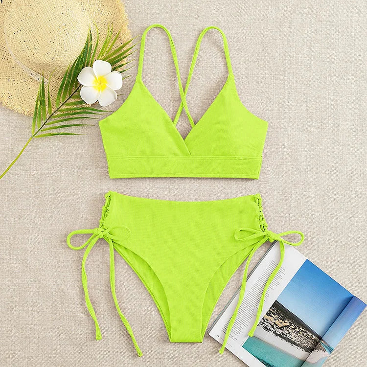 Cikini V-Neck Bikini Set - Sexy Lace-Up Solid Swimwear for Women - ZOOMNSTORE