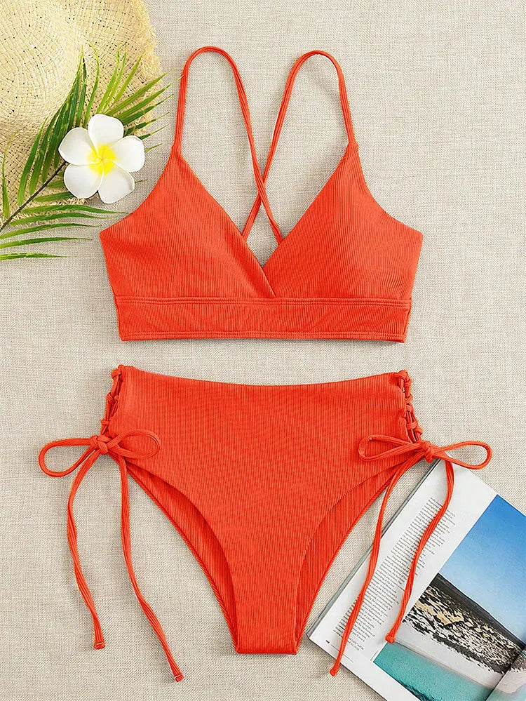 Cikini V-Neck Bikini Set - Sexy Lace-Up Solid Swimwear for Women - ZOOMNSTORE