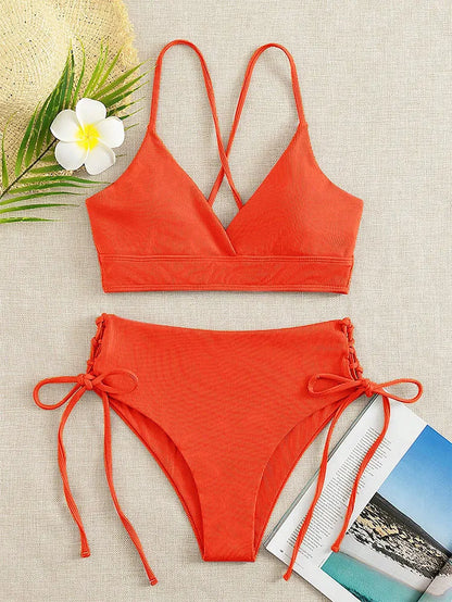 Cikini V-Neck Bikini Set - Sexy Lace-Up Solid Swimwear for Women - ZOOMNSTORE