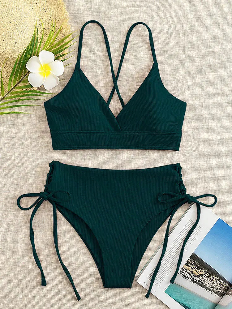 Cikini V-Neck Bikini Set - Sexy Lace-Up Solid Swimwear for Women - ZOOMNSTORE