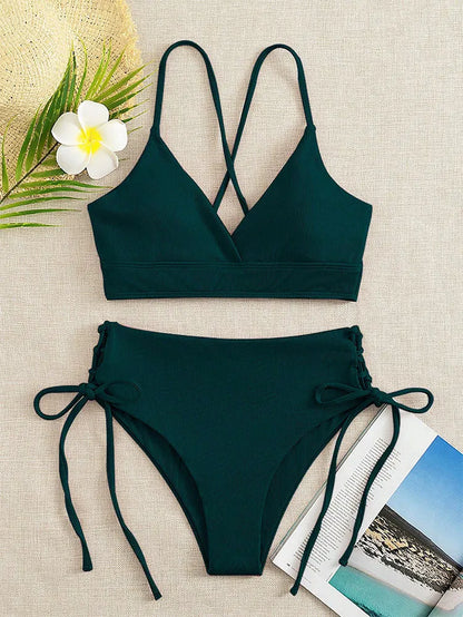 Cikini V-Neck Bikini Set - Sexy Lace-Up Solid Swimwear for Women - ZOOMNSTORE