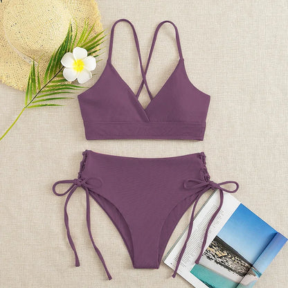 Cikini V-Neck Bikini Set - Sexy Lace-Up Solid Swimwear for Women - ZOOMNSTORE