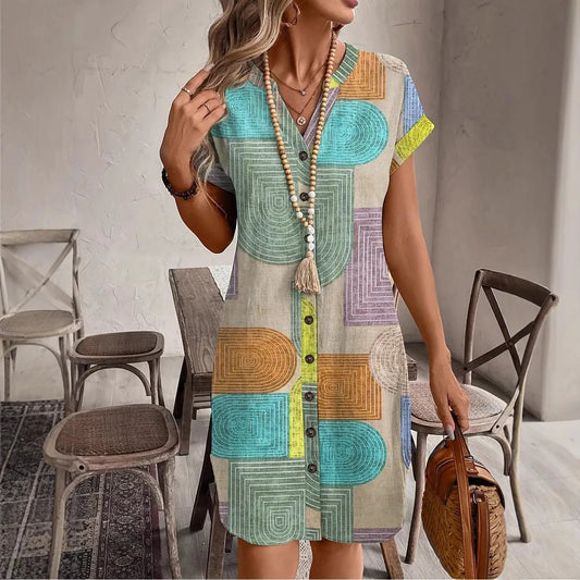 Elegant V-Neck Button-Up Dress - Geometric Print Summer Dress for Women - ZOOMNSTORE