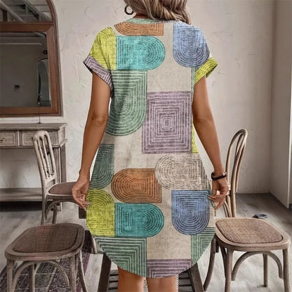 Elegant V-Neck Button-Up Dress - Geometric Print Summer Dress for Women - ZOOMNSTORE
