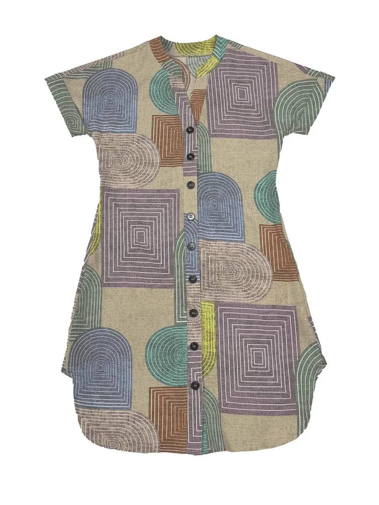 Elegant V-Neck Button-Up Dress - Geometric Print Summer Dress for Women - ZOOMNSTORE