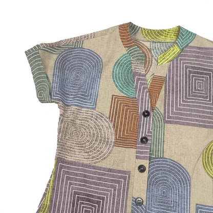 Elegant V-Neck Button-Up Dress - Geometric Print Summer Dress for Women - ZOOMNSTORE
