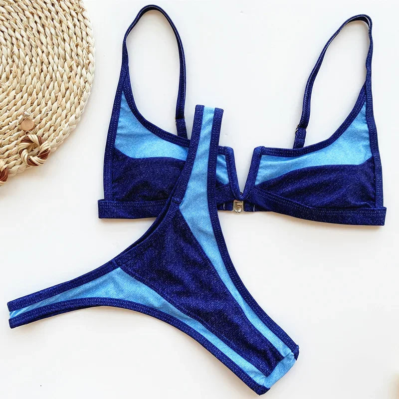 V Shaped Thong Bikini - Denim Two Piece Bikini Set With Push Up Bathing Suit - ZOOMNSTORE