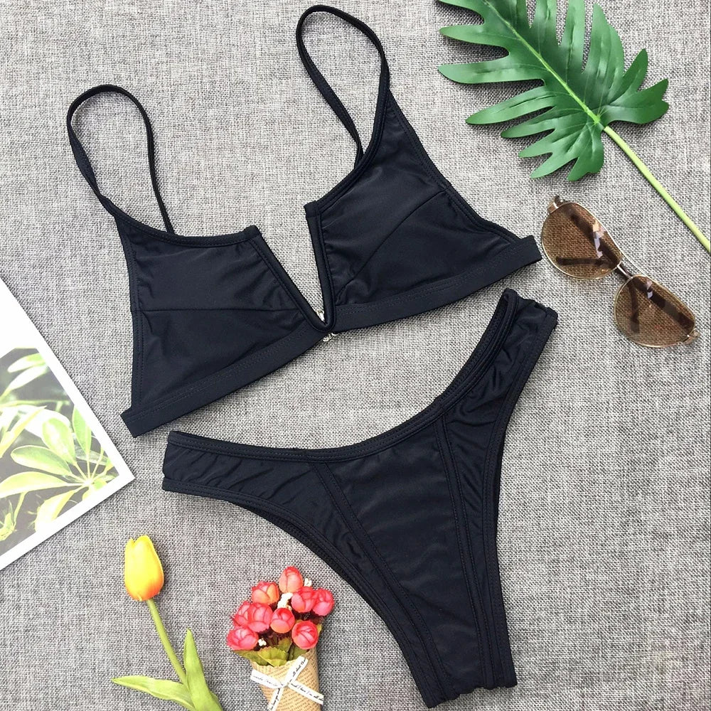 V Shaped Thong Bikini - Denim Two Piece Bikini Set With Push Up Bathing Suit - ZOOMNSTORE