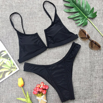 V Shaped Thong Bikini - Denim Two Piece Bikini Set With Push Up Bathing Suit - ZOOMNSTORE