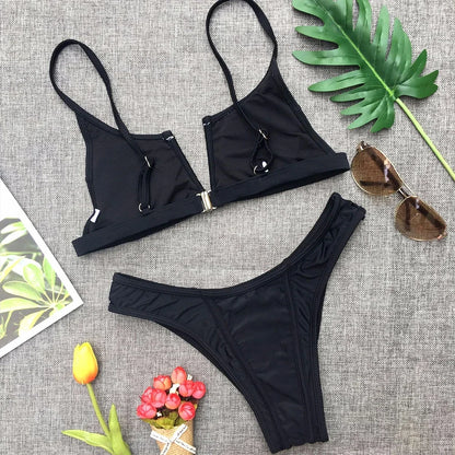 V Shaped Thong Bikini - Denim Two Piece Bikini Set With Push Up Bathing Suit - ZOOMNSTORE