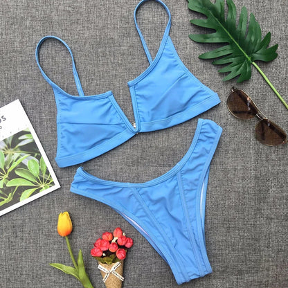 V Shaped Thong Bikini - Denim Two Piece Bikini Set With Push Up Bathing Suit - ZOOMNSTORE