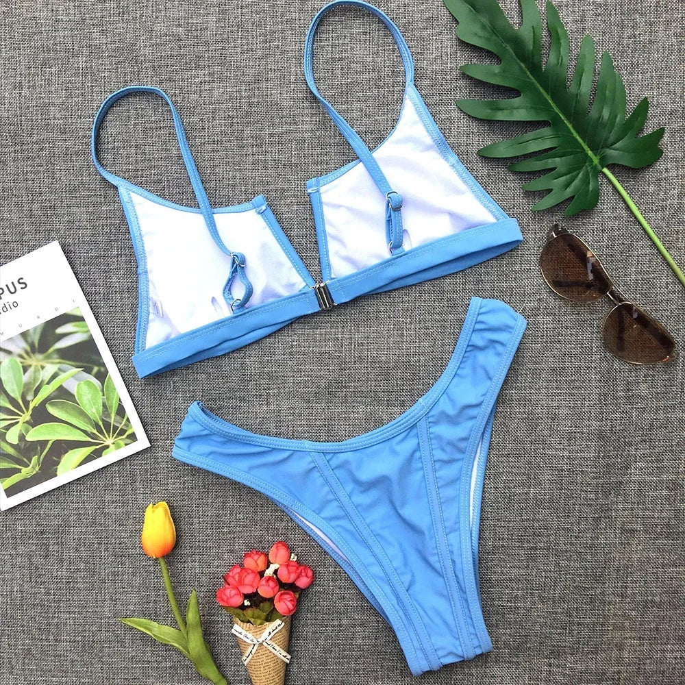 V Shaped Thong Bikini - Denim Two Piece Bikini Set With Push Up Bathing Suit - ZOOMNSTORE