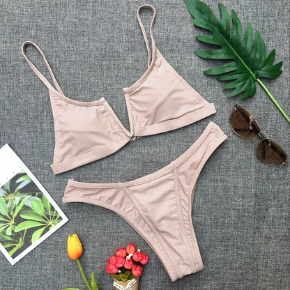 V Shaped Thong Bikini - Denim Two Piece Bikini Set With Push Up Bathing Suit - ZOOMNSTORE