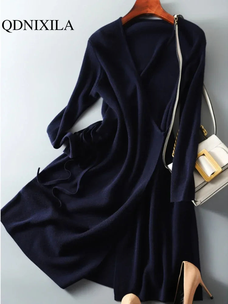 V-neck Wrap Sweater Dress - Elegant Knitted Womens Dress for Autumn Winter - ZOOMNSTORE
