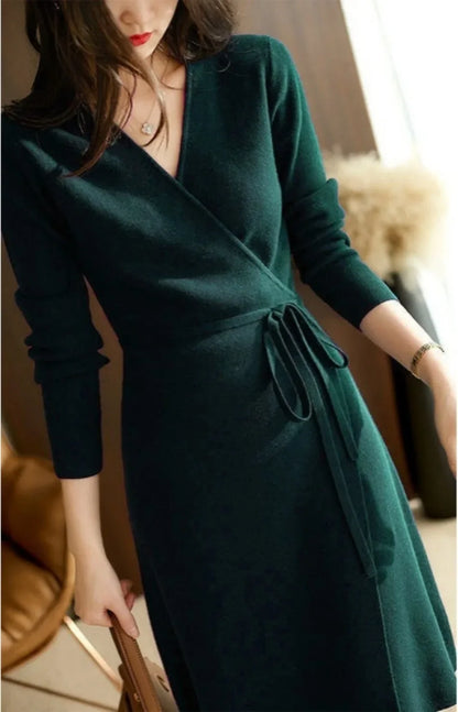 V-neck Wrap Sweater Dress - Elegant Knitted Womens Dress for Autumn Winter - ZOOMNSTORE