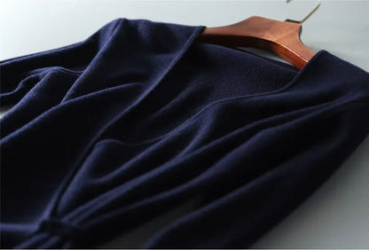V-neck Wrap Sweater Dress - Elegant Knitted Womens Dress for Autumn Winter - ZOOMNSTORE