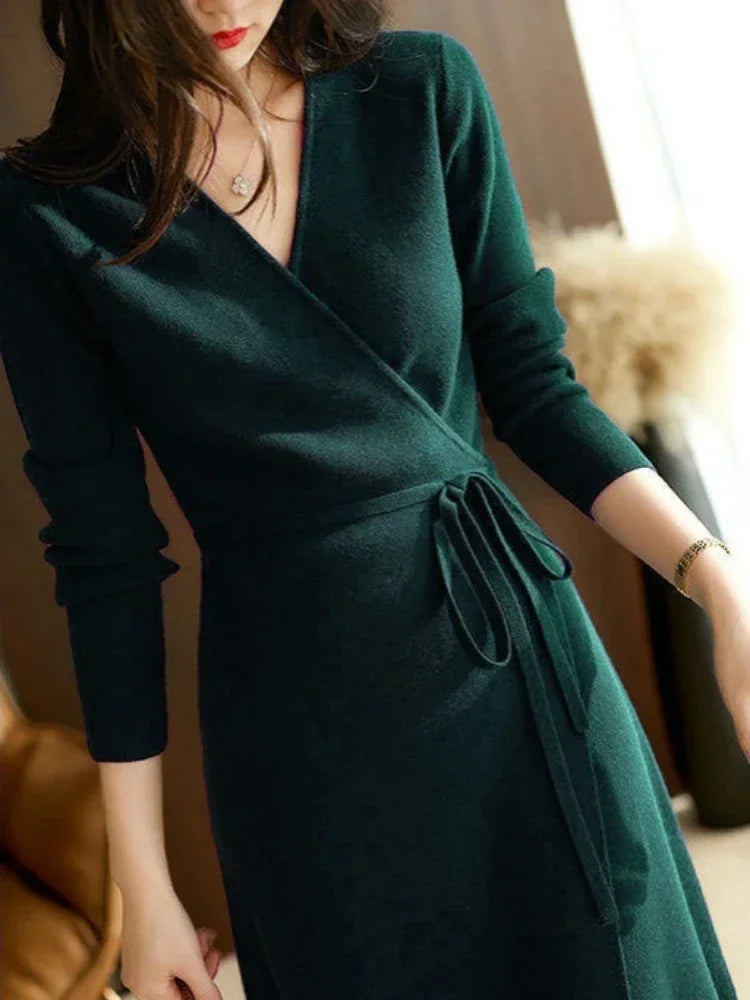 V-neck Wrap Sweater Dress - Elegant Knitted Womens Dress for Autumn Winter - ZOOMNSTORE