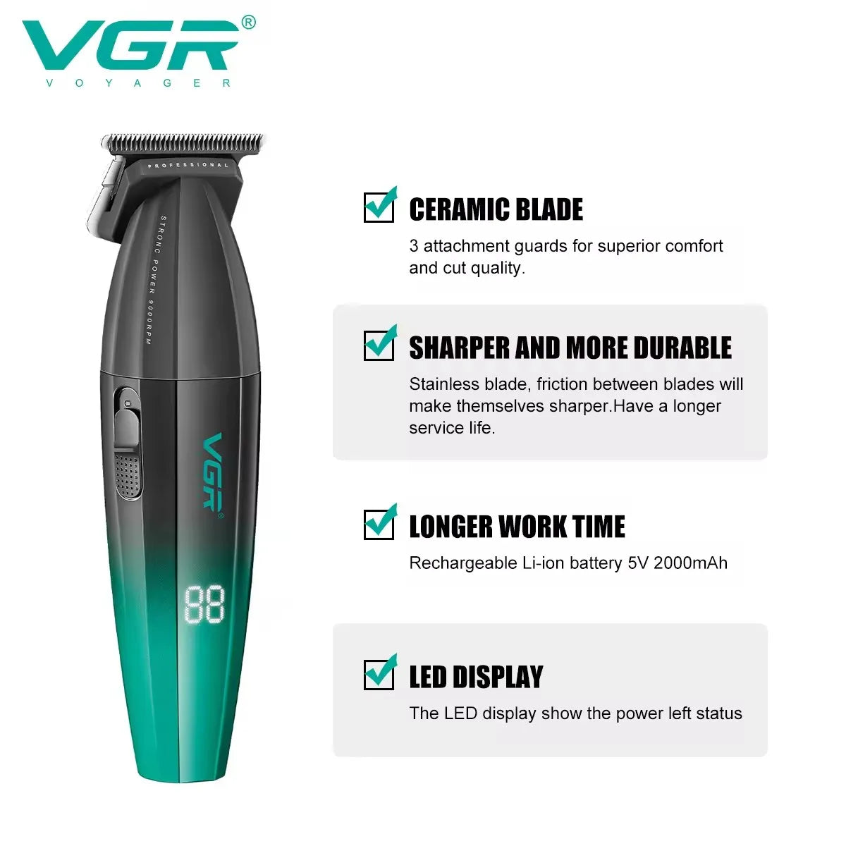 VGR 0mm Metal Electric Hair  Beard Trimmer - Rechargeable Clipper for Men - ZOOMNSTORE