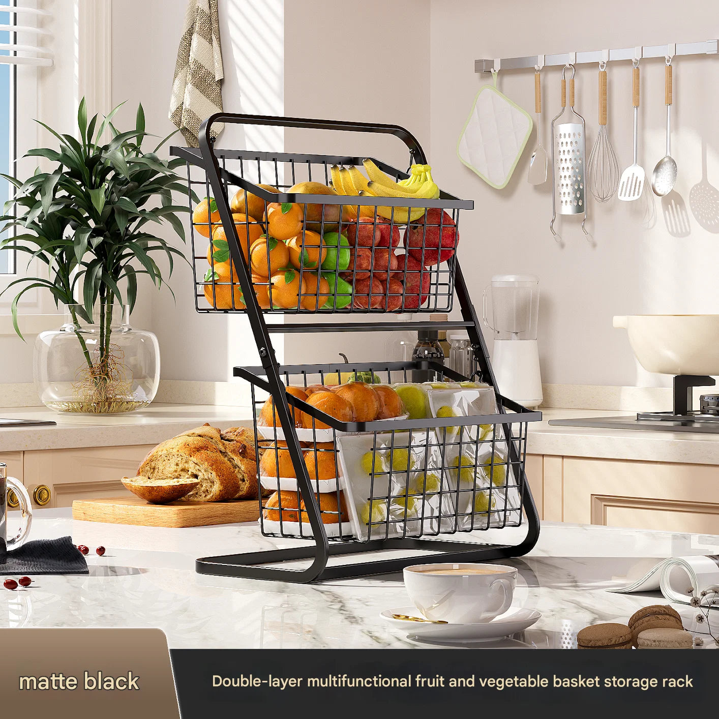 Black Multi-Layer Vegetable Storage Rack - Floor to Ceiling Fruit Basket - ZOOMNSTORE
