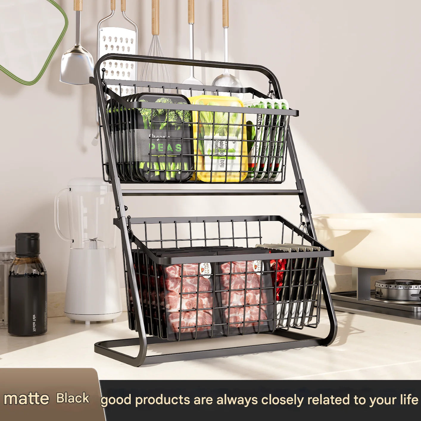 Black Multi-Layer Vegetable Storage Rack - Floor to Ceiling Fruit Basket - ZOOMNSTORE