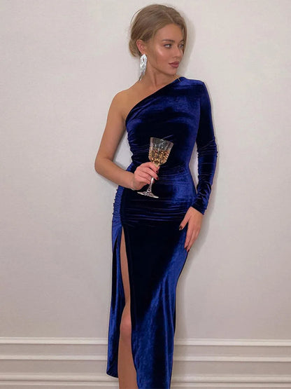 Velvet Bodycon Midi Dress – Elegant Long Sleeve Split Pencil Mid-Calf Sheath Dress - ZOOMNSTORE