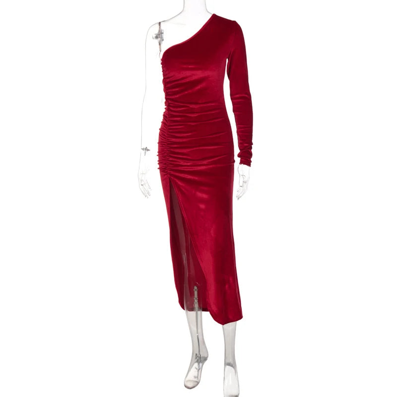 Velvet Bodycon Midi Dress – Elegant Long Sleeve Split Pencil Mid-Calf Sheath Dress - ZOOMNSTORE